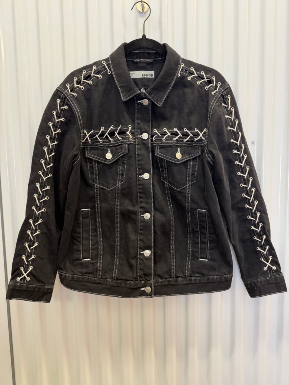 Topshop Moto Black Denim Jacket Lace-Up Detail Y2K‎ Grunge Size US 6